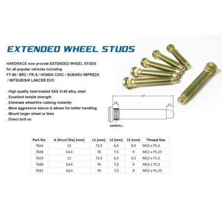 HARDRACE Espárragos de rueda largos M12x1,5x72,5mm - 16x - HR