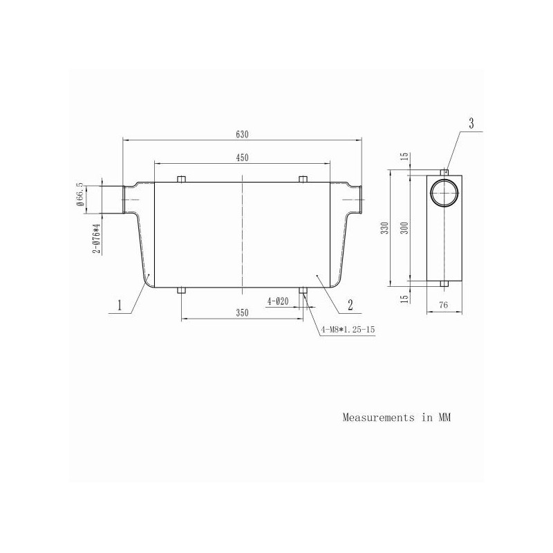 Pulsar Turbo Systems Intercooler universal - 450x300x76mm - Entrada y salida de 2